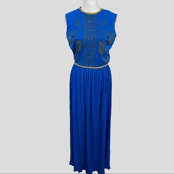 Vintage Dresses & Skirts - Vintage 70s Alfred Shaheen Blue and Gold Sleeveless Maxi Dress